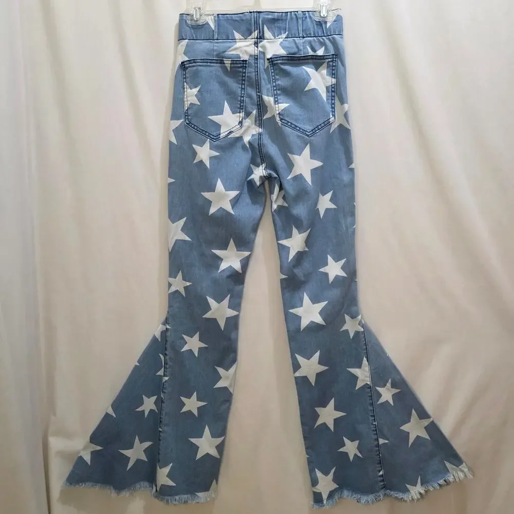 L&B Lucky and Blessed Retro Boho American Stars Pull-on Wide Leg Flare Jeans, SM - Picture 3 of 10